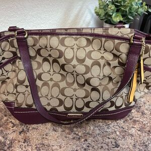 Coach Tan and Burgundy Signature Shoulder Bag